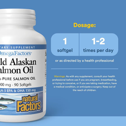 Omega Factors by Natural Factors, Wild Alaskan Salmon Oil, Supports Heart and Brain Health with Omega-3 DHA and EPA, 90 Softgels