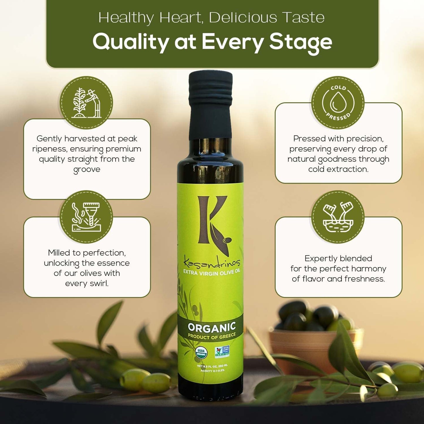 Kasandrinos Organic Olive Oil Extra Virgin, Polyphenol Rich Greek Olive Oil, 100% Organic First Cold Pressed, Mild + Delicate Flavor, Verified by Non GMO, 250 ml / 8.5 oz (Pack of 2)