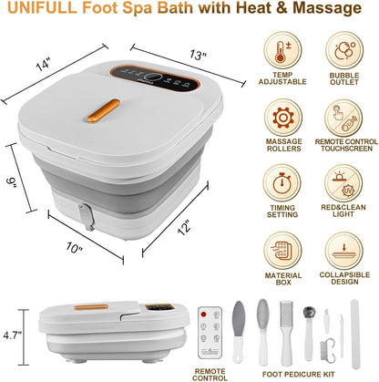 Collapsible Foot Spa Bath with Heat, Touch Screen, Remote Control, Massage Rollers, Timer, Bubble, Foot Pedicure Kit, Temperature Control Pedicure Foot Spa, Foot Bath