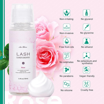 Eyelash Cleanser Concentrate 100ml Lash Extension Shampoo Oil-Free Eyelash Extension Shampoo with Salon Home Care -Makes 20 Bottles 60ml Lash Shampoo, Rose