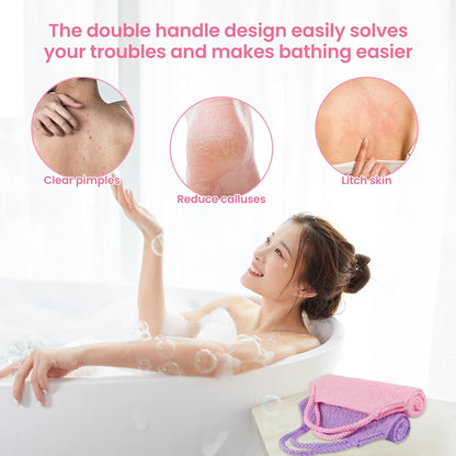 3 Pcs Double-Sided Back Exfoliator Body Scrub Towel, Exfoliating Back Scrubber with Handles,Exfoliating Washcloth Bath Tool in Shower, Stretchable Back Washer to Deep Cleans Skin (Pink)