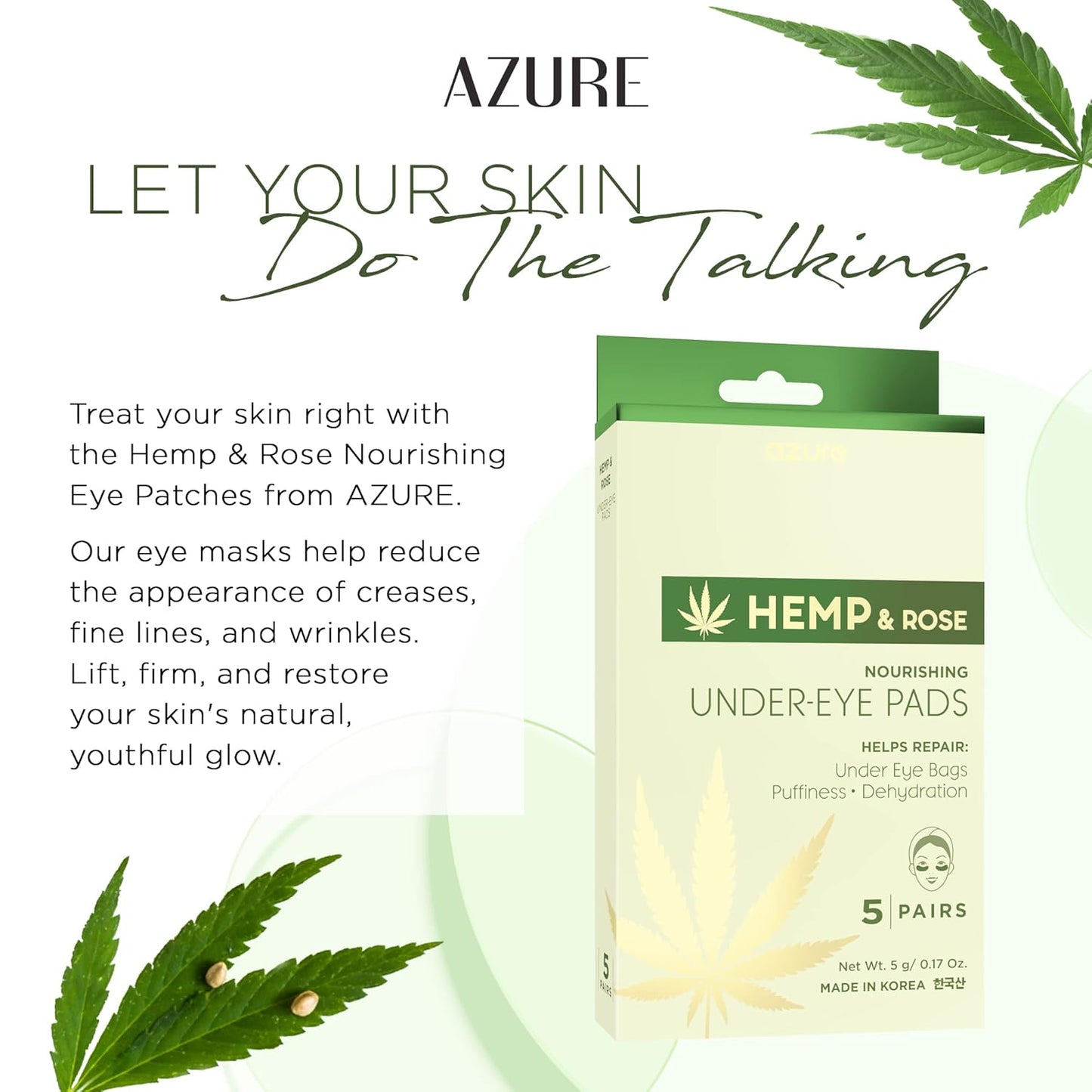 AZURE Hemp & Rose Nourishing Under Eye Pads - Toning, Hydrating & Anti Aging Eye Mask Patches - Reduces Fine Lines, Wrinkles, Dark Circles & Puffiness - Skin Care Made in Korea - 5 Pairs