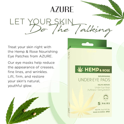 AZURE Hemp & Rose Nourishing Under Eye Pads - Toning, Hydrating & Anti Aging Eye Mask Patches - Reduces Fine Lines, Wrinkles, Dark Circles & Puffiness - Skin Care Made in Korea - 5 Pairs