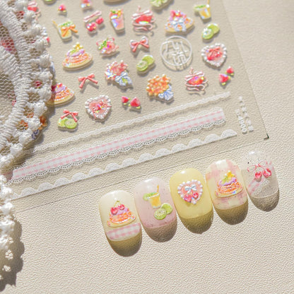 5D Embossed Shortcake Nail Stickers for Nail Art Pink Bow Heart Nail Decals Summer Cute Stickers for Nails Designs Self Adhesive Nail Supplies & Decorations for Women Girls 1 Sheet