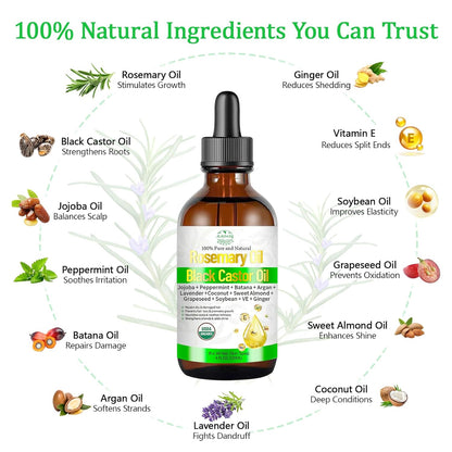 Rosemary Oil for Hair Growth with Castor, Organic Cold Pressed Blend Hair Oil Natural Scalp Care - Soothes Itchy Scalp, Repairs Dry Hair & Nourishes Roots for All Hair Types - 4 Fl Oz