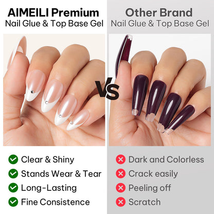 AIMEILI Base Coat Top Coat Nail Glue Gel Kit 3pcs, Hema Free, Cruelty Free, Vegan, Clear High Gloss Gel Nail Polish Long Lasting Nail Art