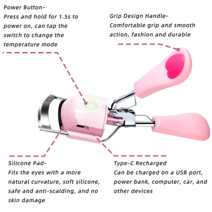 Pinkiou Heated Eyelash Curler for Women USB Rechargeable Lash Curler Long Lasting Ironing Electric Eyelash Curler with Silcone Pad Replacable Great Makeup Tools for Her