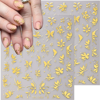 6 Sheets Gold Nail Stickers 3D Metallic Flower Leaf Nail Art Stickers 3D Self Adhesive Gold Nails Designs Accessories Cherry Blossom Flower Nails Decals for Women Girls DIY Summer Manicure Decoration