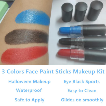 Go Ho 3 PCS Red Black and Blue Cream-Blendable Stick - 3 Colors Eye Black Face Paint for Softball/Baseball,Safe Facepaint Nose&Lip Smacking for Halloween SFX Makeup