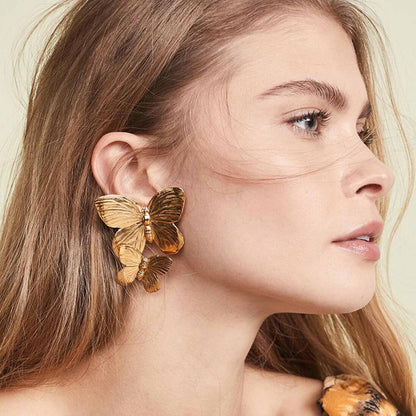 Boho Big Butterfly Drop Earrings Vintage Gold Double Butterfly Dangle Earrings Statement Animal Butterfly Earrings Prom Butterfly Earrings Jewelry for Women