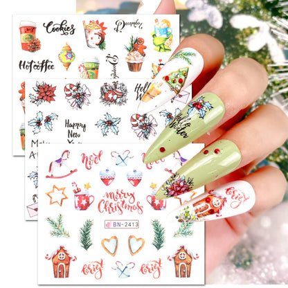 12 Sheets Christmas Nail Art Stickers Snowflake Water Transfer Nail Decals Holographic Gingerbread Man Snow Trees Winter Design Watermark Nail Foils Stickers for Women Xmas Nail Decorations