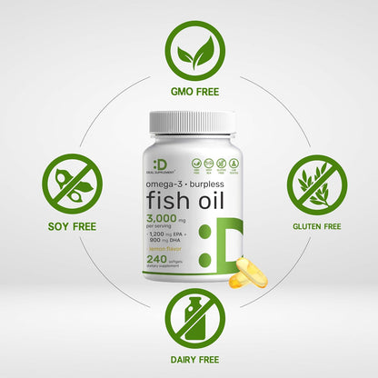 DEAL SUPPLEMENT Omega 3 Fish Oil Supplements, 3,000mg Per Serving, 240 Softgels – EPA 1,200mg + DHA 900mg – Burpless Pills, Lemon Flavored, Wild Caught – Brain & Heart Support – Mercury Free, Non-GMO