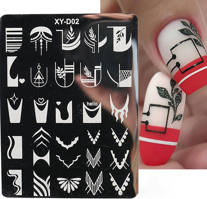 6Pcs Nail Art Stamping Templates Set with French Line Flowers Leaves Smiley Heart Design Art Stamping Kits DIY Printing Tools Fashion Art Decoration for Women and Girls