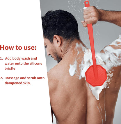 Silver-Infused Silicone Back Scrubber with Long Handle Back Brush for Shower,Back Scrubber Body Exfoliator Scrubber for All Skin Type and Sensitive Skin - for Men and Women - Red
