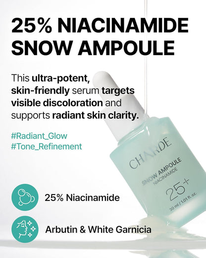 Charde Niacinamide 25% Snow Ampoule for Face, Dark Spot Care for Hyperpigmentation, Freckles & Sun Spots | Radiance Boosting with White Garcinia & Arbutin, Korean Skin Care, 1.01 fl. oz.