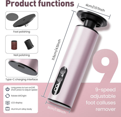 Electric Foot Callus Remover,2 in1 Rechargeable Callus Remover for Feet,9-Speed Cordless Electric Foot File Nail Grinder,Foot Scrubber Pedicure Tools for Dead Skin Dry Cracked Feet(Pink MINI)