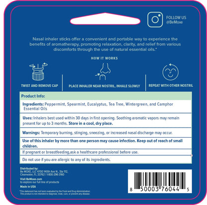 MOXE Migraine Relief Nasal Inhaler, Essential Oils for Headaches & Tension Relief, Portable Aromatherapy, Easy-to-Use, Pure & Undiluted, Peppermint, Spearmint, Eucalyptus, Tea Tree, USA Made, 1 Pack