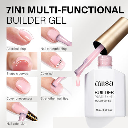 AILLSA Milky Pink Builder Gel for Nails 7 In 1 Hard Gel Polish for Nail Thickening Nude Strengthener Gel Polish Light Color Extension U V Gel for for French Manicure Base Coat Needed 0.51 Oz GB90