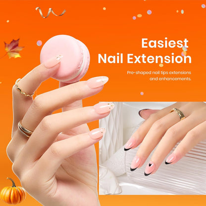 Beetles Gel Nail Kit, Short Almond Nail Tips Easy Extension Set 240 Pcs Pre Shaped Clear Full Cover Fake Nails Tips with 5 In 1 Nail Glue Uv Led Lamp DIY Manicure Gifts for Women