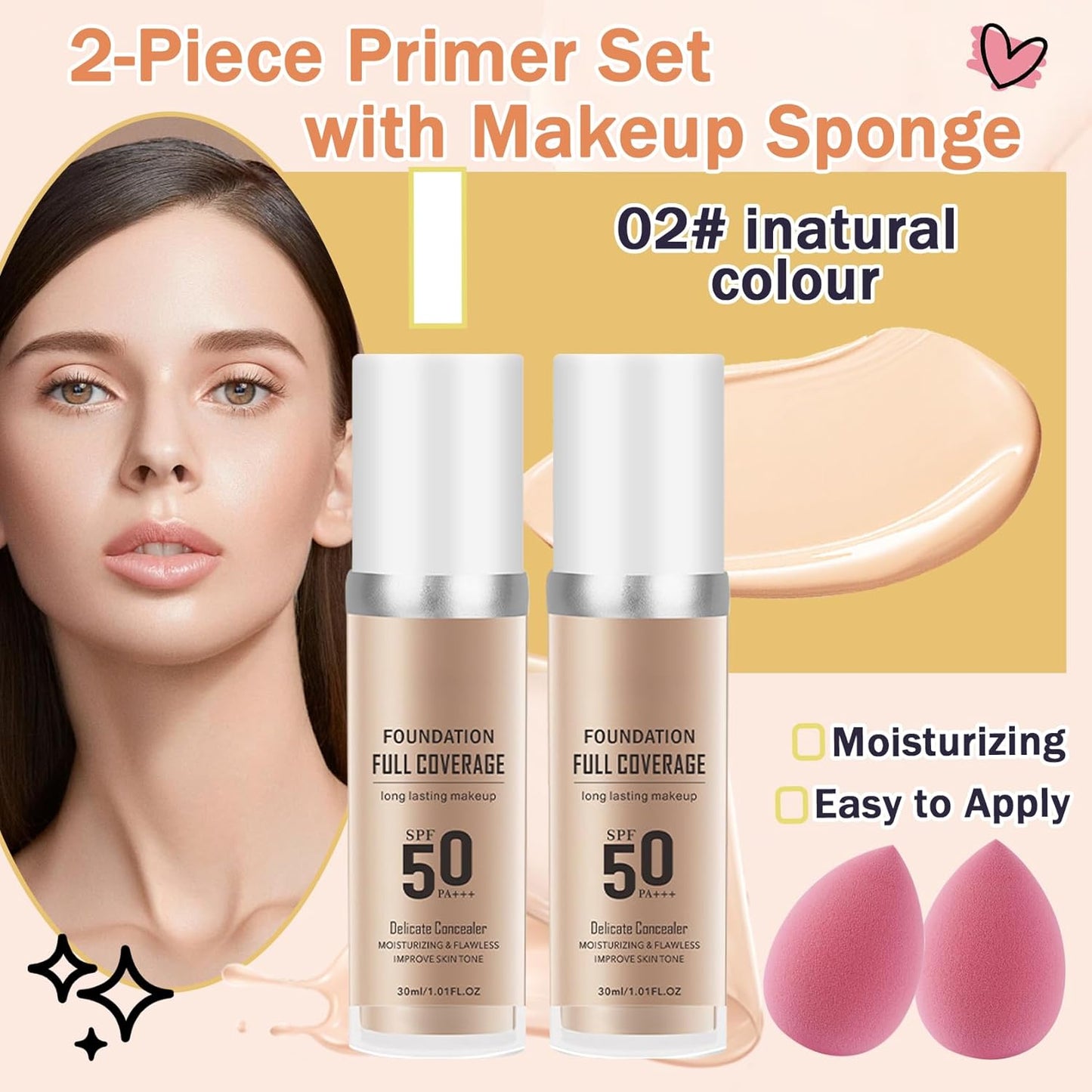 2PCS Natural Color Foundation Makeup Set with 2 Makeup Sponges,Moisturizing Full Coverage Liquid Foundation for Women,Non-greasy Long Lasting Flawless Concealer Cream Makeup Foundation Set