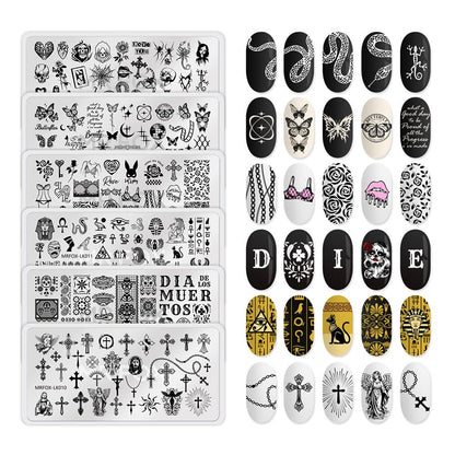 6 Pcs Nail Plates Stamping Set Rose Snake Butterfly Egyptian Cross Nail Art DIY Stamping Template