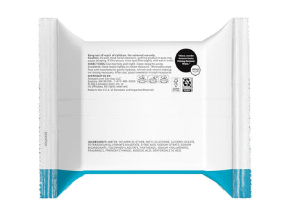 Amazon Basics Makeup Remover Wipes, Gentle Cleansing, Dermatologist Tested, Hydrating, Plant Based, Alcohol Free, Removes Waterproof Mascara, 25 Count Per Pack, Pack of 6 (Previously Solimo)