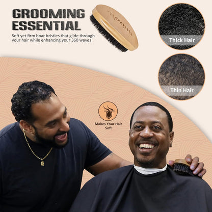 Wave Brush for Men - Beech Wood & Black Boar Bristle Brush for Cultivating Beards, Hair Waves, and Wolfing