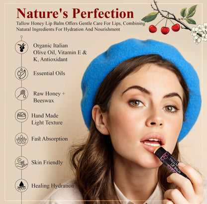 Organic Tallow Lip Balm (5 Pack) - Hydrating With Organic Italian Olive Oil, Pure Grass Fed Tallow, and Beeswax - Long Lasting Lip Therapy (5 Pack, Cherry)