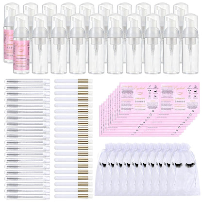 100 Pcs Lash Shampoo Bottle Brushes Set 20 Empty Foam Pump Dispensers 20 Label Stickers 20 Mascara Wands and Tubes 20 Cleansing Brush 20 Bag for Eyelash Extensions Aftercare(White)