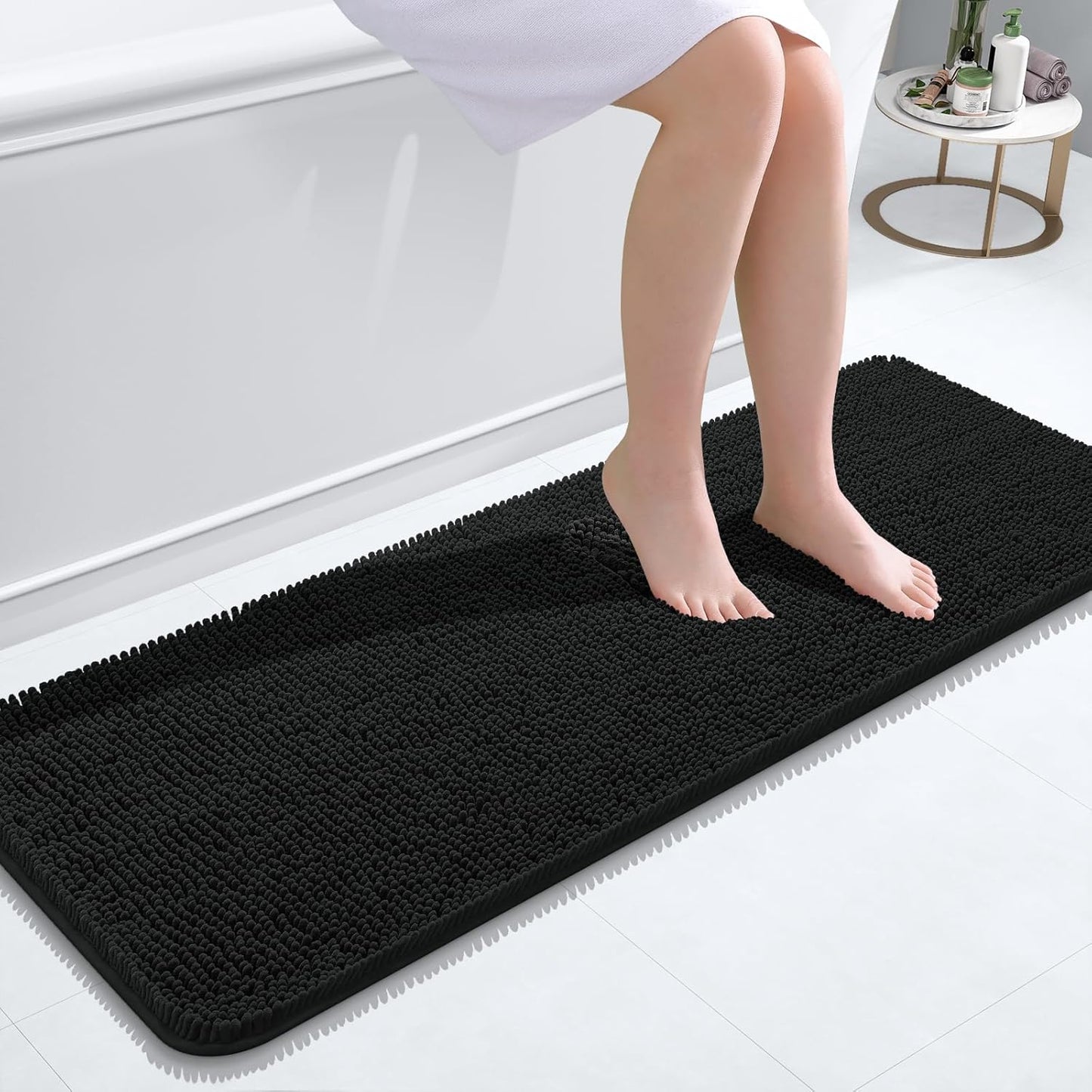 OLANLY Bathroom Rugs 47x17, Extra Soft Absorbent Chenille Bath Rugs, Rubber Backing Quick Dry, Machine Washable Bath Mats for Bathroom Floor, Tub and Shower, Home Decor Accessories, Black