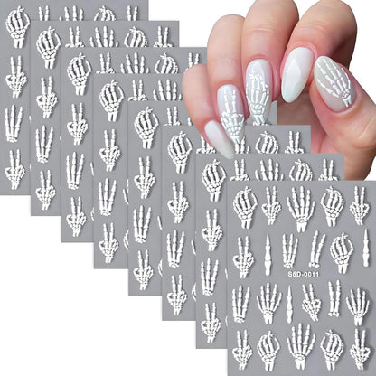 8 Sheets Halloween Nail Stickers 5D Embossed Skull Finger Nail Stickers Self-Adhesive Horror Skeleton Decals for Women