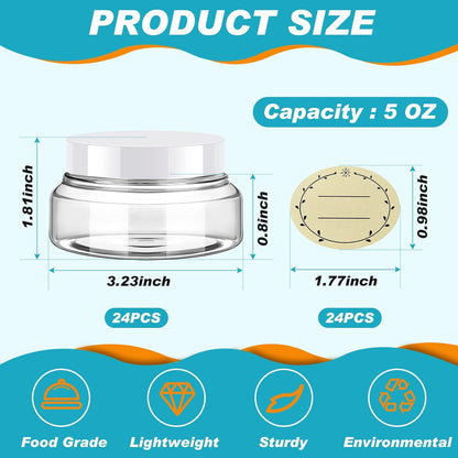 Tessco 24 Pack Plastic Jars with Lids Labels Empty Clear Plastic Jars Round Refillable Cosmetic Containers Body Butter Containers Bulk Sugar Scrub Bottle for Make Up(5 oz,White)