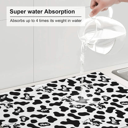 Black White Dish Drying Mat for Kitchen Counter 18"x24" Cow Print Dishes Pad Dish Drainer Rack Mats Microfiber Washable Absorbent Kitchen Decor