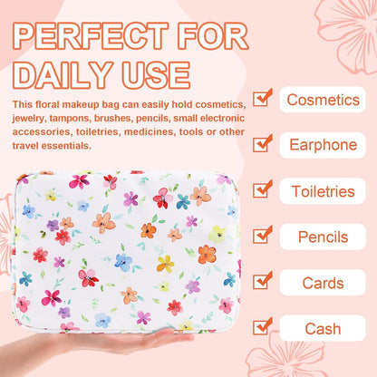 Waterproof Large Floral Makeup Pouch,Nylon Travel Toiletry Storage Purse Preppy Cosmetic Bag for Women Girl,Large Capacity Makeup Organizer Zipper Pouch for Work(L Colorful-Flowers)
