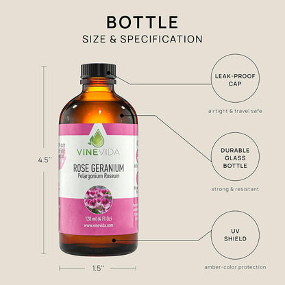 VINEVIDA Rose Geranium Essential Oil 4 oz - Undiluted Oil - DIY Candle Scents - Bulk Oil for Soap Making - Safe for Skin