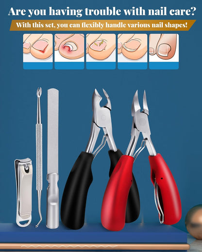 5Pcs Professional Nail Clippers Set for Ingrown & Thick Nails, Heavy Duty Toenail Clippers for Seniors, Men, Women