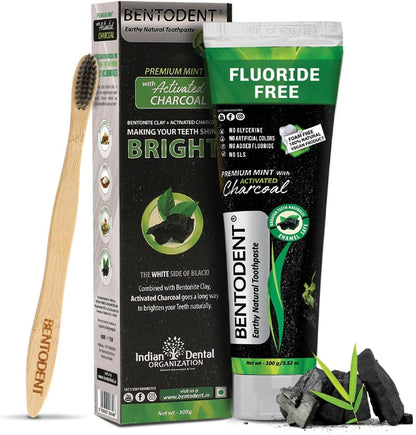BENTODENT Fluoride Free Organic Charcoal Toothpaste with Bentonite Clay for Teeth Whitening- Natural Sensitive Teeth Whitening Toothpaste, Vegan, Travel