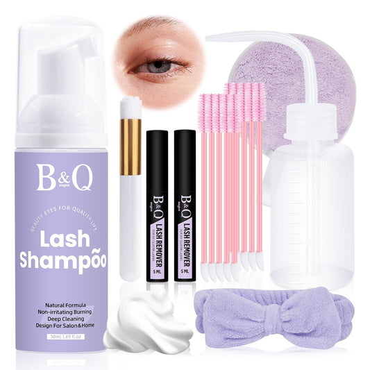 Lash Shampoo Kit Lash Cleaning Kit 50ML Lash Bath Kit Lash Wash for Eyelash Extensions Lash Remover Mascara Brush with Hairband Portable Eyelash Cleanser for Home Use (50ML Shampoo Kit)