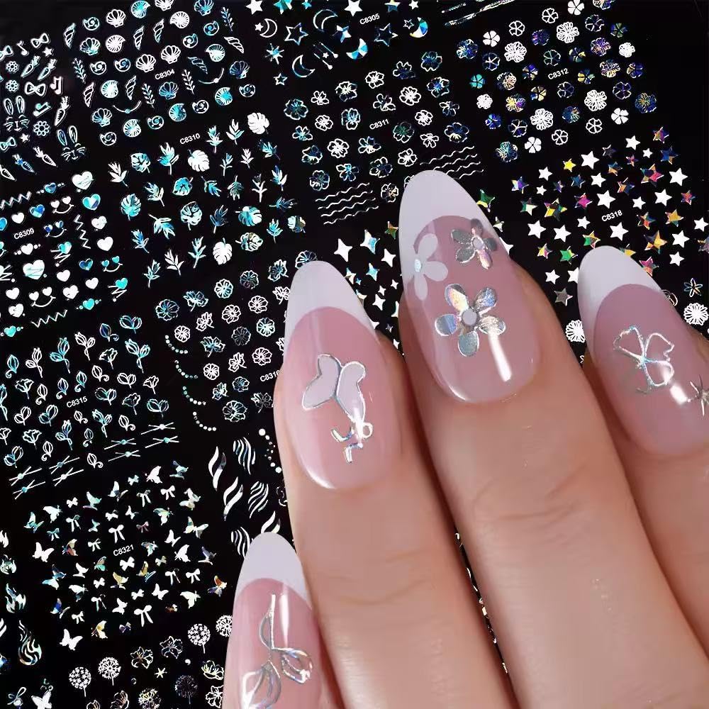 30 Sheets Aurora Flower Nail Art Stickers 3D Self Adhesive Flower Nail Stickers Aurora Moon Star Nail Decals Leaf Heart Nails Art Supplies Charms for Women Manicure Tips Decoration