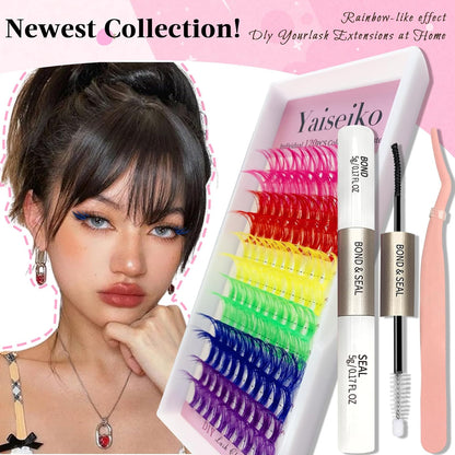 Eyelash Extension Kit Colored Lash Clusters Lash Extension Kit 6 Colors Rainbow Lash Clusters with Bond and Seal and Applicator Colorful Lash Extensions 14mm&16mm D Curl Lashes Cluster by Yaiseiko