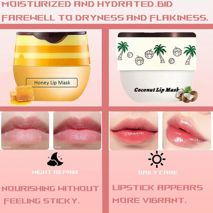 4 PCS Bee Lip Balm Honey Pot, Honey Strawberry Cherry Coconut Sleeping Lip Mask Overnight with Sticks, Exfoliating Prevention Dry and Crack Lip Scrubs