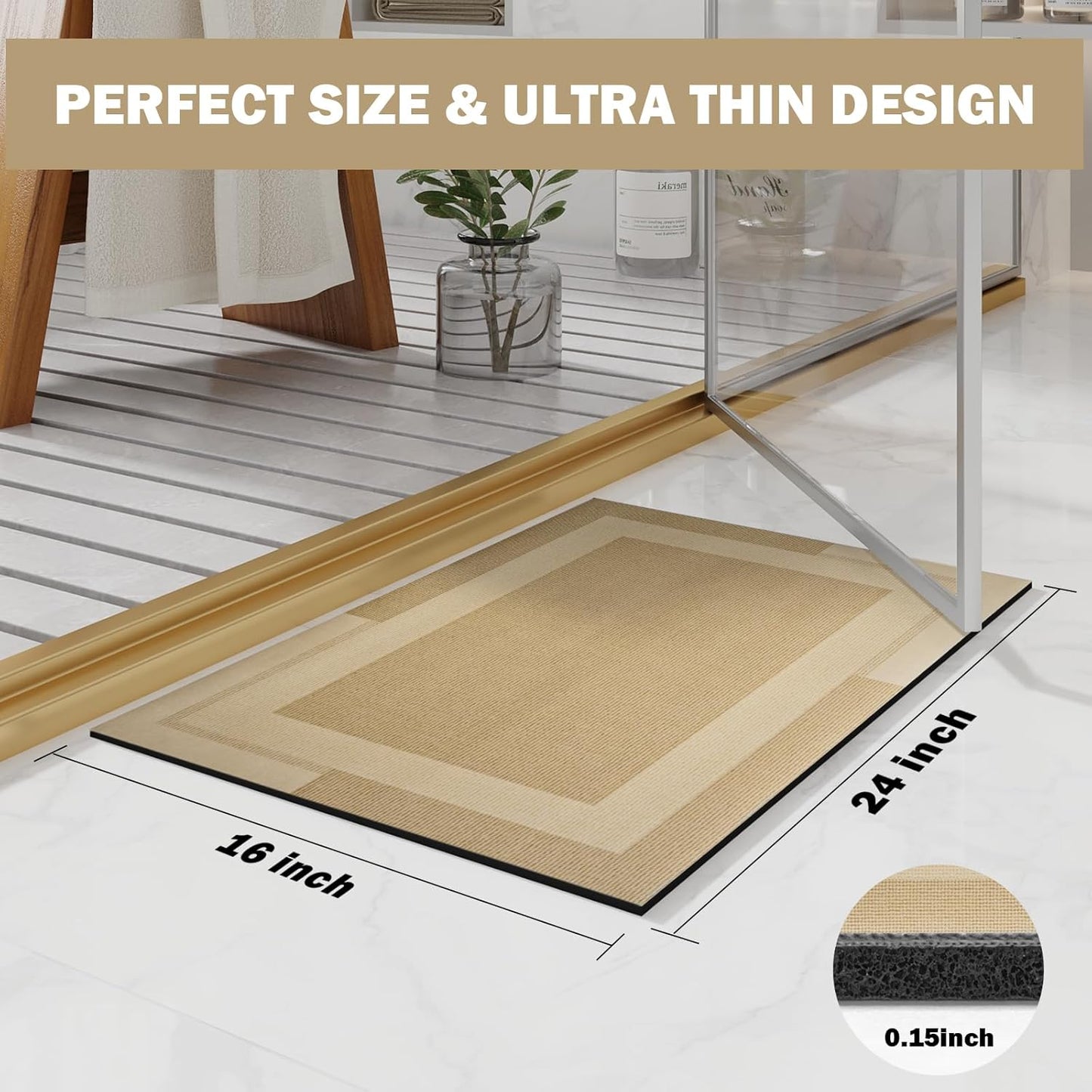 Non Slip Bath Mat, Rubber Backing Ultra Thin Bathroom Rugs Fit Under Door Quick Dry Super Absorbent Washable Bath Rug Shower Mat for Bathroom Floor Bathtub Shower Sink, Easy Care Brown 16"x 24"