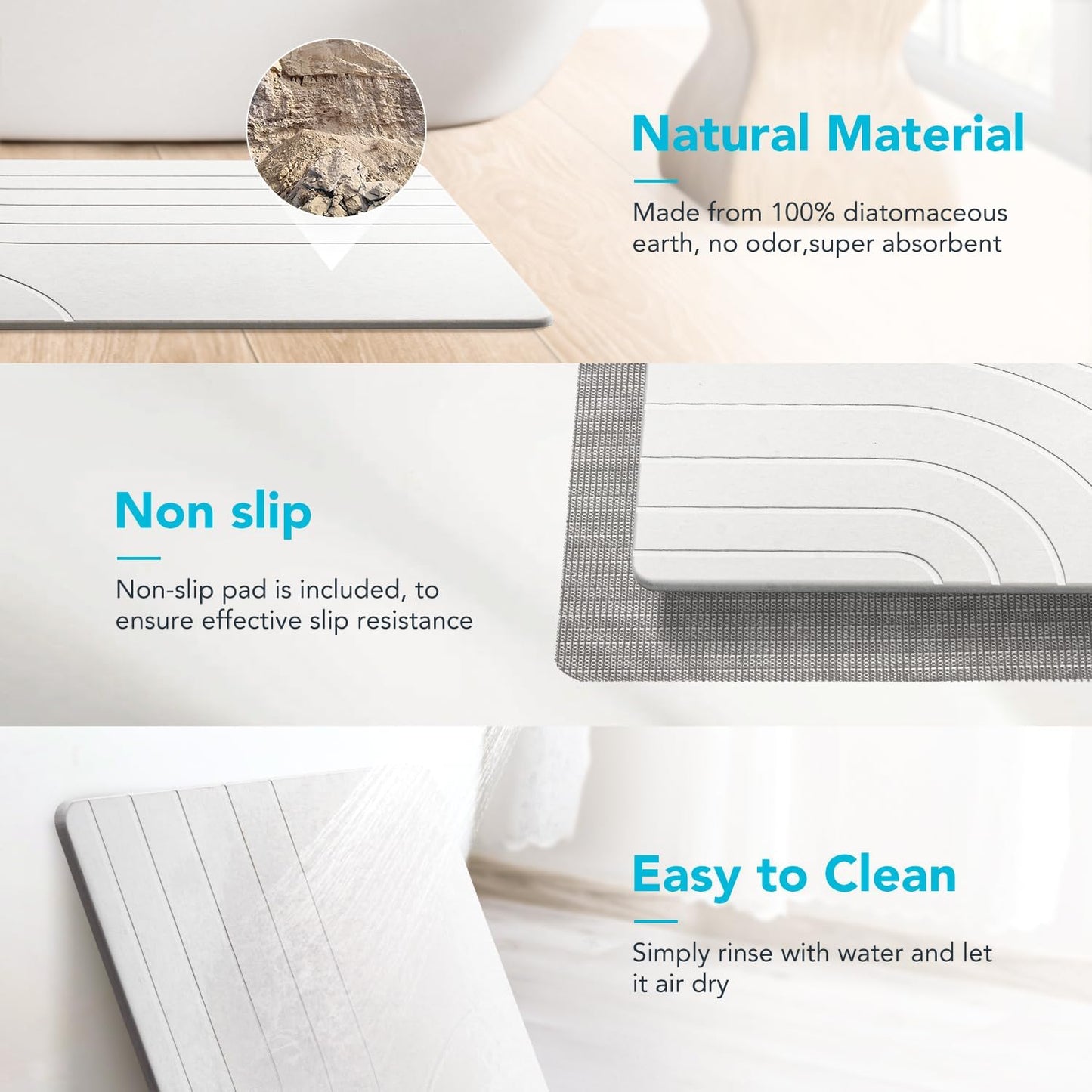 32 * 20 Large Stone Bath Mat for Bathroom Quick Dry Diatomaceous Earth Bath Mat Non Slip Stone Drying Mat Magic Super Absorbent Diatomite Bathmat Shower Floor Water Absorbing Mat White