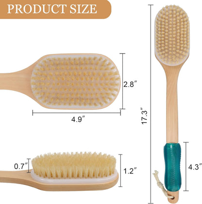 OWIIZI Back Scrubber for Shower,Stiff Boar Bristles Wooden Curved Long Handle Antiskid Body Bath Brush for Back Use Wet or Dry,Deep Cleanse Large Surface Back Scrub Brush