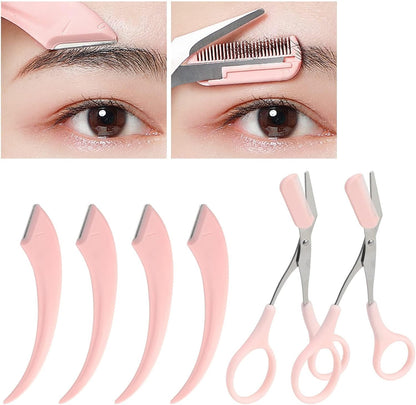 6 Pcs Eyebrow Trimmer Scissors with Comb, Curved Eye Brow Razor, Non-Slip Stainless Steel Facial Hair Removal Grooming, Brow Shaping Beard Shaving Kit Beauty Accessories for Women Men