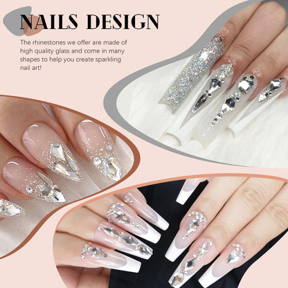 3220Pcs Silver Clear Nail Rhinestones 120Pcs Multi Shapes Glass Flatback Nail Gems + 3100Pcs 1.5-4mm Round Crystal with Rhinestones Glue Gel, Manicure Nail Charms Diamond Gemstones for Nail Art