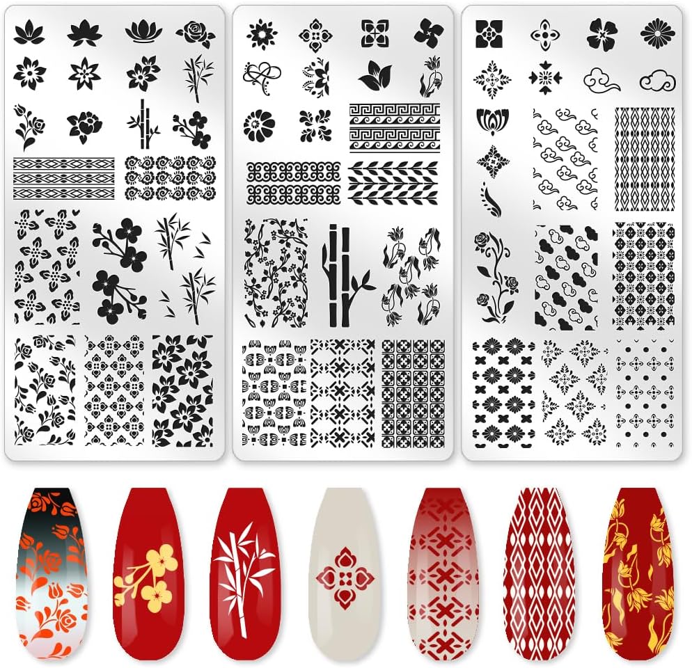 3Pcs Traditional Chinese Style Nail Stamping Plate Set Bamboo Floral Steel Nail Stamp Templates Clear Silicone Nails Stamping with Stamper Scraper for Manicure Printing