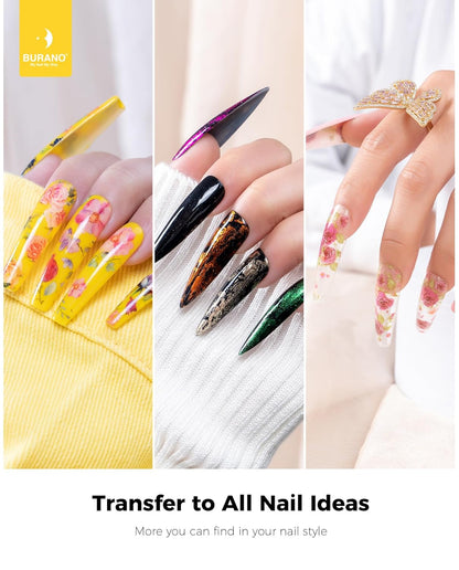 BURANO Nail Art Nail Foil Glue Gel, o.5 oz with 10PCS Foil Stickers Set Nail Foil Glue for Nails Foil Transfer Gel, Nail Design DIY UV LED Lamp Required (Flower Foil 11)