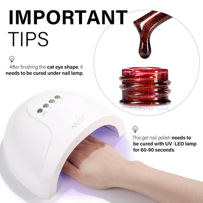 AILLSA Red Cat Eye Gel Polish Burgundy Glitter Crystal Gel Nail Polish with Magnet, Blood Shimmer Translucent Gel Polish Reflective Holographic Jelly Color U V Nails DIY at Home 0.5 OZ GF21