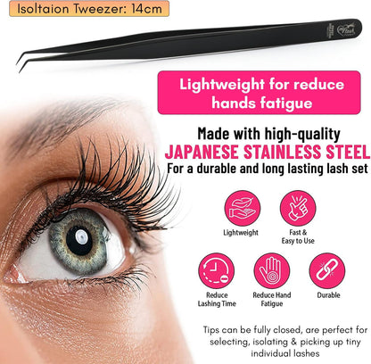 Isolation Tweezer for Eyelash Extensions – 14cm Curved Lash Tweezer, Stainless Steel, Best for Individual Isolation & Classic Lashes, Pinzas para Twisers (Black Titanium)